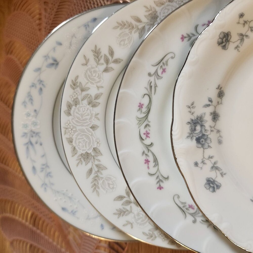 4- Mismatched Floral Silver Rim Fine China Dessert Cake Plates ~6.25" Blue Gray